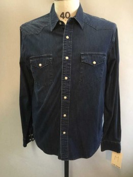 LUCKY BRAND, Denim Blue, Cotton, Solid, Cream Snap Front, 2 Flap Pockets, Western Yoke, Collar Attached,