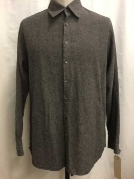 N/L, Brown, Cotton, Heathered, Button Front, Collar Attached, Long Sleeves,