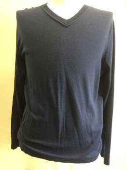 Mens, Pullover Sweater, DKNY, Navy Blue, Wool, Solid, XL, V-neck, Long Sleeves,