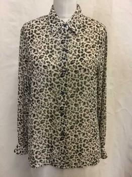 Liz Claiborne, Cream, Taupe, Brown, Black, Polyester, Animal Print, Sheer, Button Front, Collar Attached,  Long Sleeves,