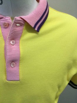 BURBERRY, Yellow, Pink, Purple, Black, White, Cotton, Solid, Yellow Pique, Pink Rib Knit Collar Edged with Purple Stripes, Short Sleeves Edged with Black and White Rib Knit,