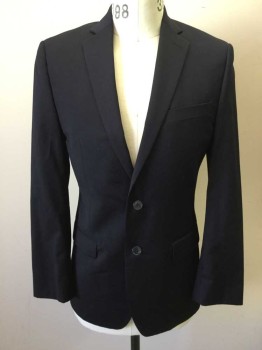 Mens, Suit, Jacket, CALVIN KLEIN, Navy Blue, Wool, Solid, 38R, Single Breasted, Collar Attached, Notched Lapel, 3 Pockets, 2 Buttons