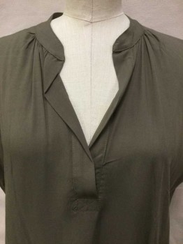 TYSA, Olive Green, Rayon, Solid, Olive, Split Round Neck W/trim, Cut-off Short Sleeves, Loose Fit