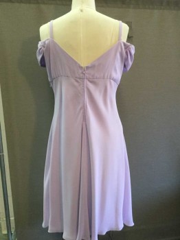 Womens, Cocktail Dress, N/L, Lavender Purple, Synthetic, Polyester, Solid, B 42, Lavender W/lavender Lining, Spaghetti Straps, Gathered Breast Area W/drop Shoulder Sleeves, Clear Beads Along Bust Line, Split Layer/overlap Front Center