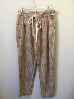 FREE PEOPLE, Brown, White, Cotton, Rayon, Stripes, Heathered, Casual Pants. Woven Vertical Stripe Weave. Zip Fly and Draw String Waist. 2 Pockets. 2 Faux Pockets at Back