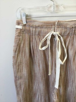 Womens, Pants, FREE PEOPLE, Brown, White, Cotton, Rayon, Stripes, Heathered, 10, Casual Pants. Woven Vertical Stripe Weave. Zip Fly and Draw String Waist. 2 Pockets. 2 Faux Pockets at Back