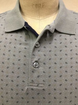 TASSO ELBA, Gray, Black, Lt Brown, White, Cotton, Paisley/Swirls, Dots, Gray W/small Black & Light Brown Paisley & White Dots Print, Solid Gray Collar Attached, 3 Button Front, Short Sleeves,