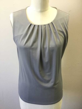 Womens, Shell, CALVIN KLEIN, Gray, Polyester, Spandex, Solid, S, Sleeveless, Scoop Neck, Gathered Pleats at Center Front Neck, 1 Button Closure at Center Back Neck