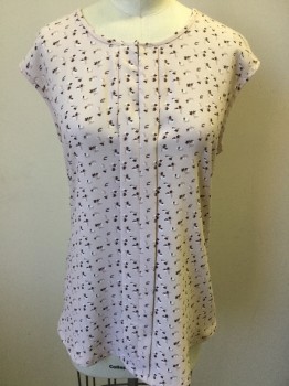 ANN TAYLOR, Blush Pink, Brown, Tan Brown, White, Polyester, Floral, Blush with Tiny Brown, Tan, White Floral Print, Solid Blush Back, Round Neck,  with Key Hole/ Pleat Front Center, Sleeveless,
