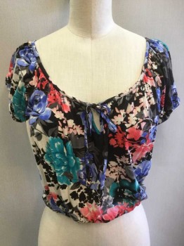 PAPAYA, Multi-color, Black, Pink, Violet Purple, Periwinkle Blue, Rayon, Floral, Jersey, Crop Top, Puff Sleeves with Elastic Arm Openings, Scoop Neck with Notched Center, Self Ties, Elastic Waist