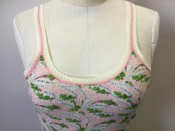 Womens, Top, FREE PEOPLE, Cream, Pink, Green, Baby Blue, Red Burgundy, Cotton, Spandex, Floral, M, Cream Waffle with Pink, Green, Baby Blue, Burgundy Abstract Floral Print, Scoop Neck Front & Back with Cream Lace Trim with Pink Over Lock Stitches, 3/4" Lace Straps