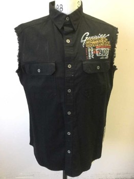 HARLEY DAVIDSON, Black, Multi-color, Linen, Cotton, Logo , Text, Cutoff Black Button Front Shirt, Collar Attached, Gold/Mustard/Red "Genuine" "Harley Davidson" Etc Logo at Front Chest, Large Harley Davidson Logo at Center Back, Double,