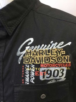 HARLEY DAVIDSON, Black, Multi-color, Linen, Cotton, Logo , Text, Cutoff Black Button Front Shirt, Collar Attached, Gold/Mustard/Red "Genuine" "Harley Davidson" Etc Logo at Front Chest, Large Harley Davidson Logo at Center Back, Double,