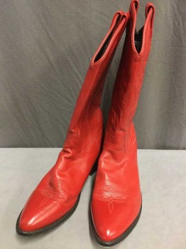Mens, Cowboy Boots , N/L, Red, Leather, 13D, Red Leather with Red Embroidery, Pointed Toe, 2" Black Heel and Sole