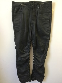 Mens, Casual Pants, G-RAW, Black, Cotton, Solid, 30, 31, Waxed Denim, Ruched Side Seams, Button Fly, 9 Pockets!