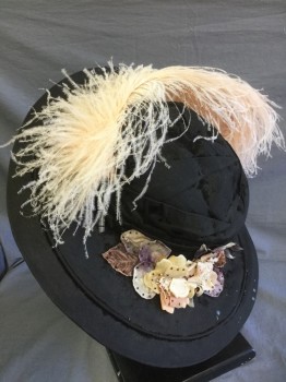 N/L, Black, Blush Pink, Lavender Purple, Beige, Cotton, Feathers, Solid, Black Fabric - Was Formerly Velvet, But Most of Velvet Has Worn Away, with Blush/Light Peach Ostrich Feather, Earth Tone Velvet Flower Rosettes, 4" Wide Brim, Buckram Base, Light Peach Pleated Detail at Underside of Brim  **Has Some Glue Stains on Brim,