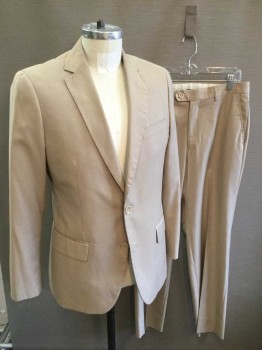 Mens, Suit, Jacket, CARLO LUSSO, Tan Brown, Polyester, Solid, 38R, Single Breasted, Notched Lapel, 2 Buttons, 3 Pockets