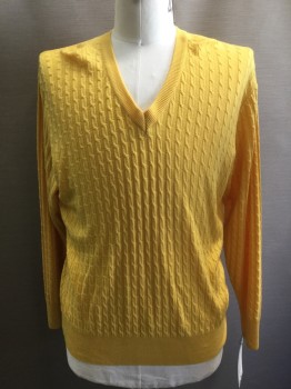 Mens, Pullover Sweater, N/L, Yellow, Cotton, Solid, Cable Knit, L, V-neck, Long Sleeves,