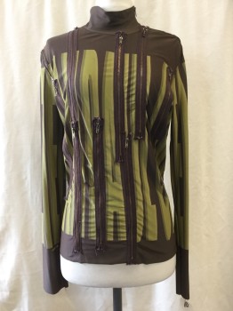 Womens, Top, JEAN PAUL GAULTIER, Green, Olive Green, Brown, Polyamide, Elastane, Abstract , M/L, Abstract Print, Zipper Detail, Turtleneck, Long Sleeves,