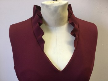 CALVIN KLEIN, Maroon Red, Polyester, Spandex, Solid, V-neck with Face Framing Ruffle, Center Back Zipper, Knit, Sheath