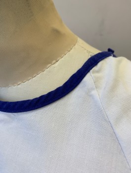 N/L, White, Royal Blue, Cotton, Solid, White with Royal Blue 3/8" Wide Trim at Round Neck, Short Sleeves, Open in Back with Self Ties at Neck