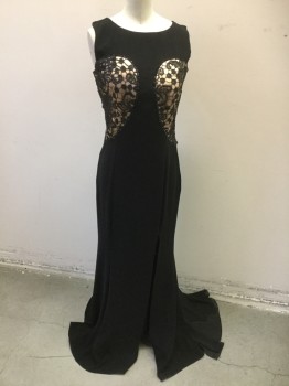 ODRELLA, Black, Beige, Polyester, Lycra, Floral, Color Blocking, Beige Bust to Back with Black Lace Overlay, Lace is Beaded, Side Zipper, Center Back Buttons, Left Thigh Slit, Chiffon Train, Slvls,
