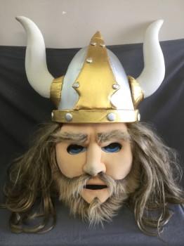 FACEMAKERS INC, Cream, Gold, Silver, White, Synthetic, Foam, VIKING HEAD - Ash Blonde Hair, Bearded Face, Blue Eyes and Nostrils with See Through Screen. Silver Lame Coated Foam Helmet with Gold Detailing. Cream Fabric Horns,  Elastic Straps for Under Arms with Foam Medallion of Purple and Gold with Eagle Emblem