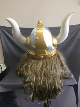 FACEMAKERS INC, Cream, Gold, Silver, White, Synthetic, Foam, VIKING HEAD - Ash Blonde Hair, Bearded Face, Blue Eyes and Nostrils with See Through Screen. Silver Lame Coated Foam Helmet with Gold Detailing. Cream Fabric Horns,  Elastic Straps for Under Arms with Foam Medallion of Purple and Gold with Eagle Emblem
