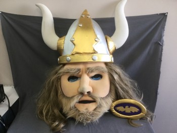 Unisex, Walkabout, FACEMAKERS INC, Cream, Gold, Silver, White, Synthetic, Foam, ADULT, VIKING HEAD - Ash Blonde Hair, Bearded Face, Blue Eyes and Nostrils with See Through Screen. Silver Lame Coated Foam Helmet with Gold Detailing. Cream Fabric Horns,  Elastic Straps for Under Arms with Foam Medallion of Purple and Gold with Eagle Emblem