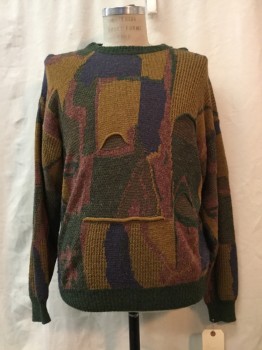 Mens, Pullover Sweater, FIJI, Brown, Green, Purple, Dusty Rose Pink, Wool, Acrylic, Abstract , M, Brown/ Green/ Purple/ Dusty Rose Abstract Print, Crew Neck,