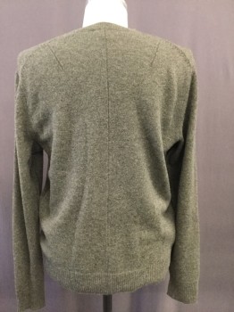 Mens, Pullover Sweater, RAG & BONE, Heather Gray, Olive Green, Cashmere, Solid, L, Heathered Grey with Olive, Crew Neck, Rib Knit Collar & Cuffs