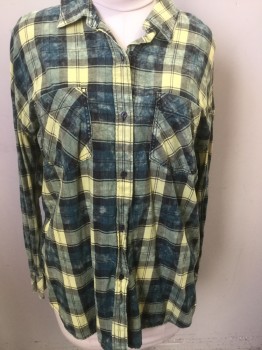 Womens, Blouse, ANA, Yellow, Teal Blue, Black, Gray, Red, Cotton, Plaid, L, Collar Attached, Button Front, Long Sleeves, Overwashed