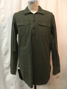 CHARLES AND A HALF, Olive Green, Cotton, Solid, Olive, Zip Neck, Collar Attached, Long Sleeves, 2 Pockets,