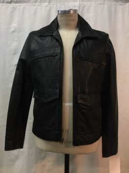 Mens, Leather Jacket, NO LABEL, Black, Leather, Solid, 40, Black Leather, Zip Front, Collar Attached, 4 Pockets,