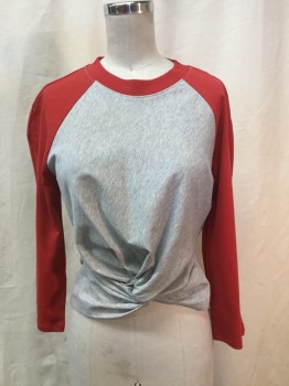 ALEXANDER WANG, Red, Gray, Color Blocking, Heathered, Crew Neck, Drape Fitted Raglan Sleeves,  Draped Twist Knot Center Front Waist