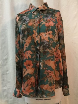 Womens, Blouse, ZARA, Teal Green, Green, Brown, Gray, Pink, Synthetic, Floral, M, Teal Green with Green/ Brown/ Gray/ Pink/ Floral Print, Button Front, Collar Attached, Long Sleeves,
