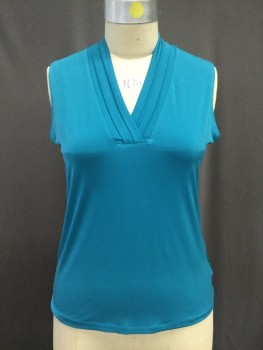 Womens, Shell, JONES NEW YORK, Turquoise Blue, Synthetic, Solid, XL, Lycra Blend Knit, Pleated Draped V.neck, Sleeveless