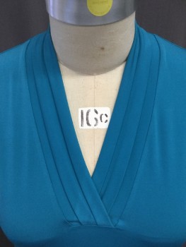 JONES NEW YORK, Turquoise Blue, Synthetic, Solid, Lycra Blend Knit, Pleated Draped V.neck, Sleeveless