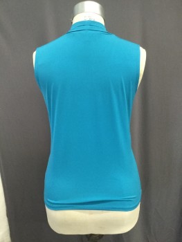 Womens, Shell, JONES NEW YORK, Turquoise Blue, Synthetic, Solid, XL, Lycra Blend Knit, Pleated Draped V.neck, Sleeveless