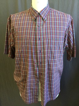 VAN HEUSEN, Dk Red, Navy Blue, Forest Green, White, Polyester, Cotton, Plaid, Collar Attached, Button Down, Button Front, 2 Pockets, Short Sleeves,
