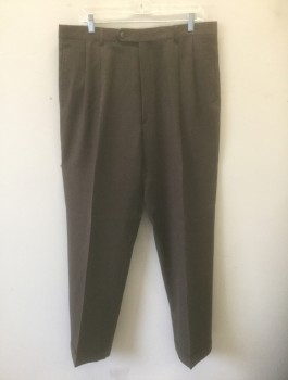 Mens, Suit, Pants, JOS.A.BANK, Brown, Wool, Cashmere, Solid, Ins:32, W:36, Faint Dotted Windowpane Stripes, Double Pleats, Button Tab Waist, Zip Fly, 4 Pockets, Cuffed Hem