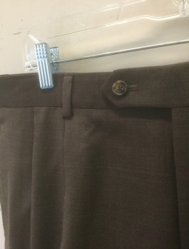 Mens, Suit, Pants, JOS.A.BANK, Brown, Wool, Cashmere, Solid, Ins:32, W:36, Faint Dotted Windowpane Stripes, Double Pleats, Button Tab Waist, Zip Fly, 4 Pockets, Cuffed Hem