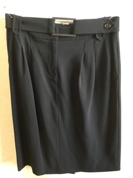 Womens, Skirt, Knee Length, PIAZZA SEMPIONE, Black, Wool, Spandex, Solid, 6, 1.5" Waistband with Belt Hoops, 2 Pleat Front & Zip Front, Detached Self Black Belt with Large Black Rectangle Buckle Front Center & 1 Button, 4 Pockets, Split Back Bottom Hem