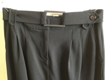 Womens, Skirt, Knee Length, PIAZZA SEMPIONE, Black, Wool, Spandex, Solid, 6, 1.5" Waistband with Belt Hoops, 2 Pleat Front & Zip Front, Detached Self Black Belt with Large Black Rectangle Buckle Front Center & 1 Button, 4 Pockets, Split Back Bottom Hem