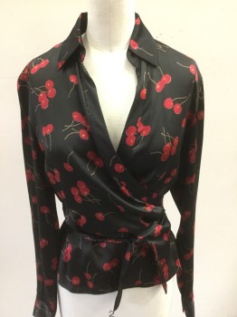 CITY DKNY, Black, Red, Brown, Silk, Novelty Pattern, Cherry Print, Wrap, Long Sleeves, Collar Attached,
