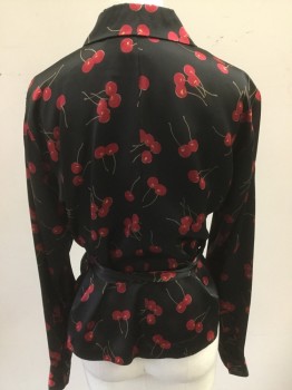 CITY DKNY, Black, Red, Brown, Silk, Novelty Pattern, Cherry Print, Wrap, Long Sleeves, Collar Attached,