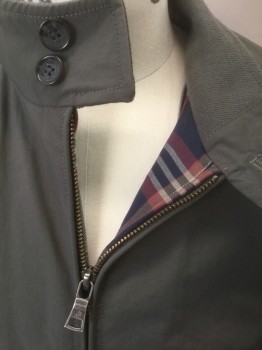 Mens, Casual Jacket, BROOKS BROTHERS, Gray, Nylon, Cotton, Solid, S, Olive Toned Gray, Zip Front, Rib Knit at Neck and Cuffs, 2 Pockets, Navy/Maroon Plaid Lining, Stand Collar with 2 Buttons