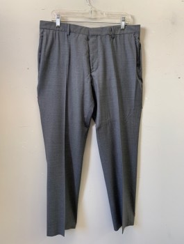 HUGO BOSS, Gray, White, Wool, Stripes - Pin, Flat Front, Slim Leg, Zip Fly, Belt Loops, 4 Pockets