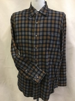 AMERICAN APPAREL, Gray, Black, Lt Brown, Dk Brown, Tan Brown, Cotton, Check , Plaid-  Windowpane, Gray/black/light Brown/dark Brown/tan Check/windowpane, Collar Attached, Button Front, Long Sleeves, 1 Pocket
