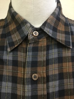 AMERICAN APPAREL, Gray, Black, Lt Brown, Dk Brown, Tan Brown, Cotton, Check , Plaid-  Windowpane, Gray/black/light Brown/dark Brown/tan Check/windowpane, Collar Attached, Button Front, Long Sleeves, 1 Pocket